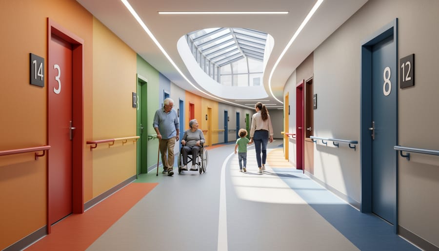 Well-lit residential hallway with contrasting trim colors demonstrating wayfinding principles