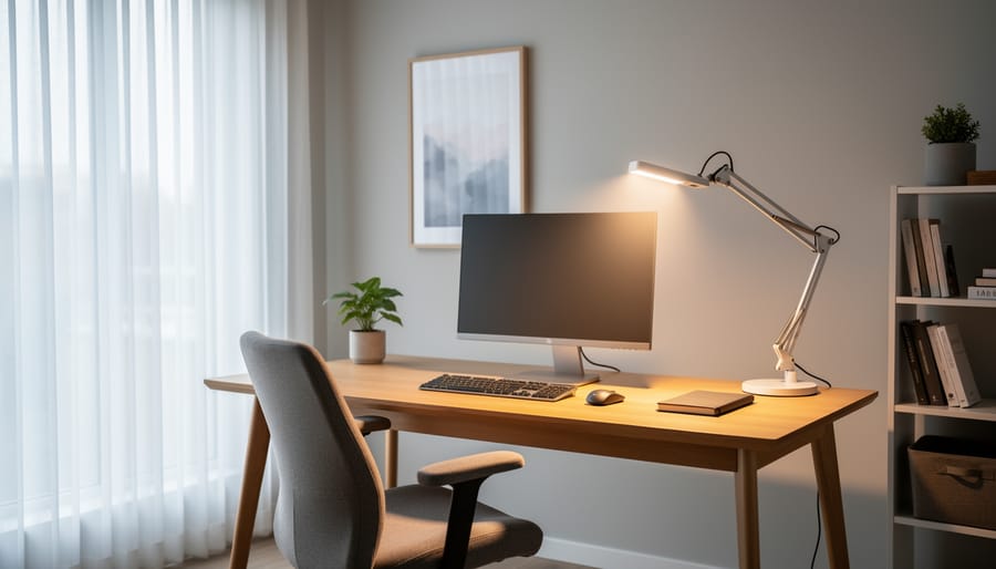 Work room desk with layered lighting from natural window light and task lamp