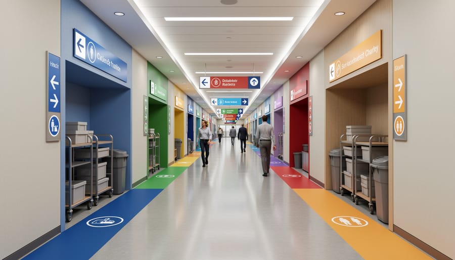 Organized facility hallway with color-coded floor markings and designated zones