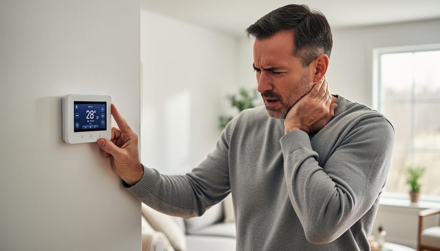 Homeowner adjusting a thermostat in a living room while looking uncomfortable