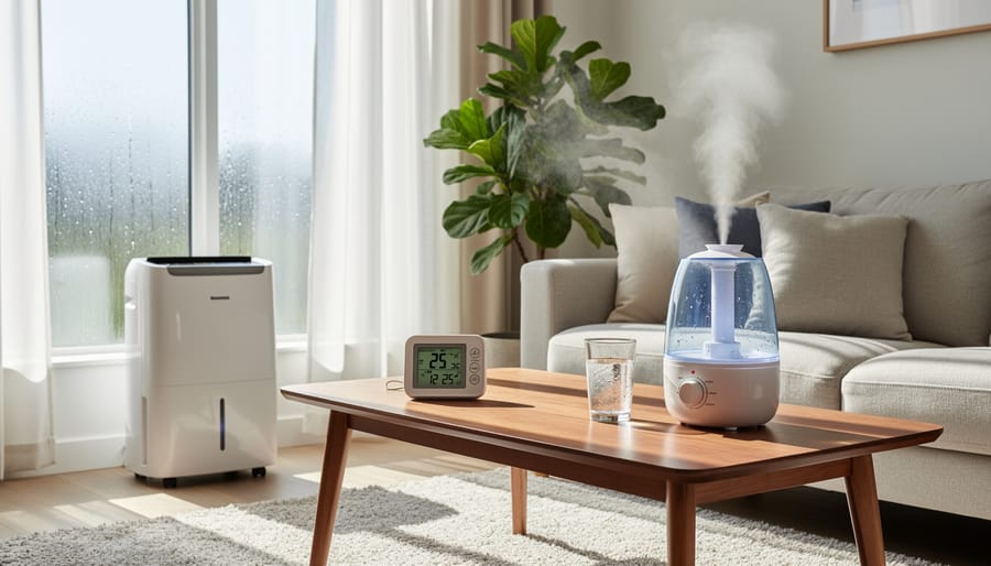 Humidifier releasing mist in a living room near a side table with an unlabeled humidity device