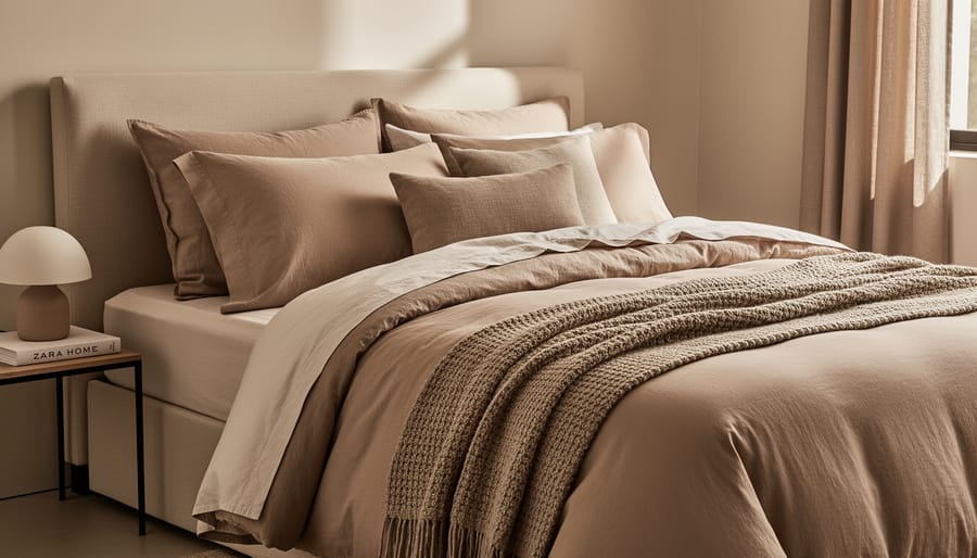 Layered bed with neutral duvet, linen-look sheets, patterned throw, and coordinating decorative cushions
