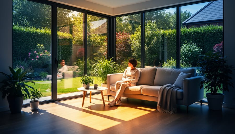 Person relaxing in a sunroom where sunlight creates radiant warm and cool areas on surfaces