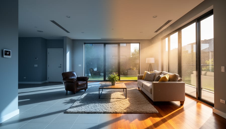 Inside a living room with sunlit and cooler areas caused by window light and surface temperatures