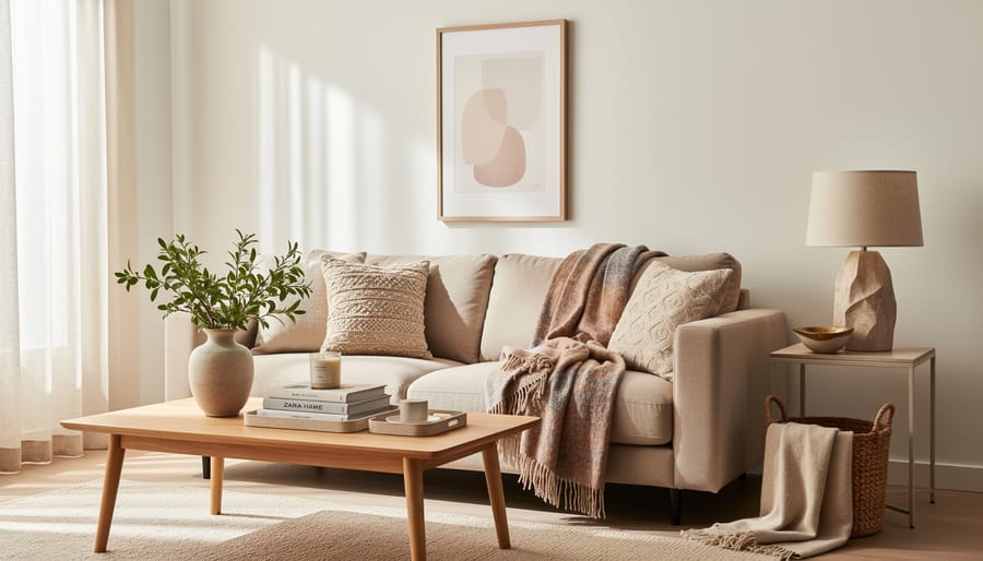 Modern living room styled with coordinated throw pillows, a knit blanket, and ceramic vase on a neutral sofa