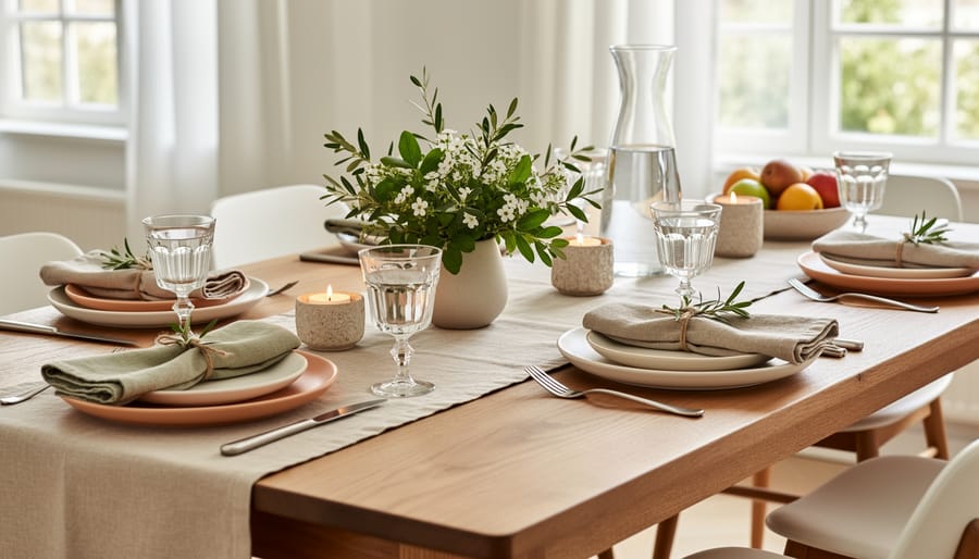 Dining table set with coordinated dinnerware, napkins, and candle centerpiece in warm natural light