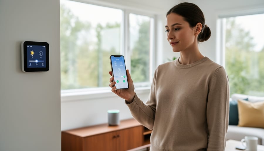 A homeowner holding a tablet next to smart home devices and a glowing thermostat in a living room.