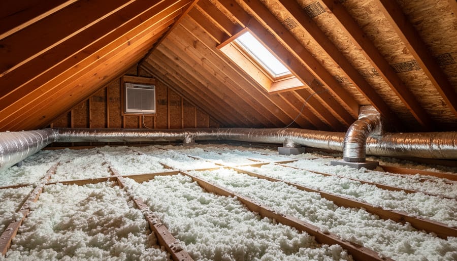 Attic interior with dense insulation laid across rafters and roof deck, with light illuminating the material texture.