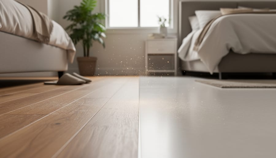 Bedroom floor view with hardwood, natural textiles, and a low-emission flooring material swatch.