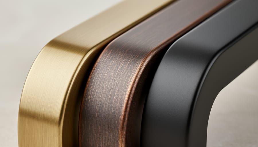 Close-up of luxury bathroom accessories showing brass, bronze, and matte black finishes