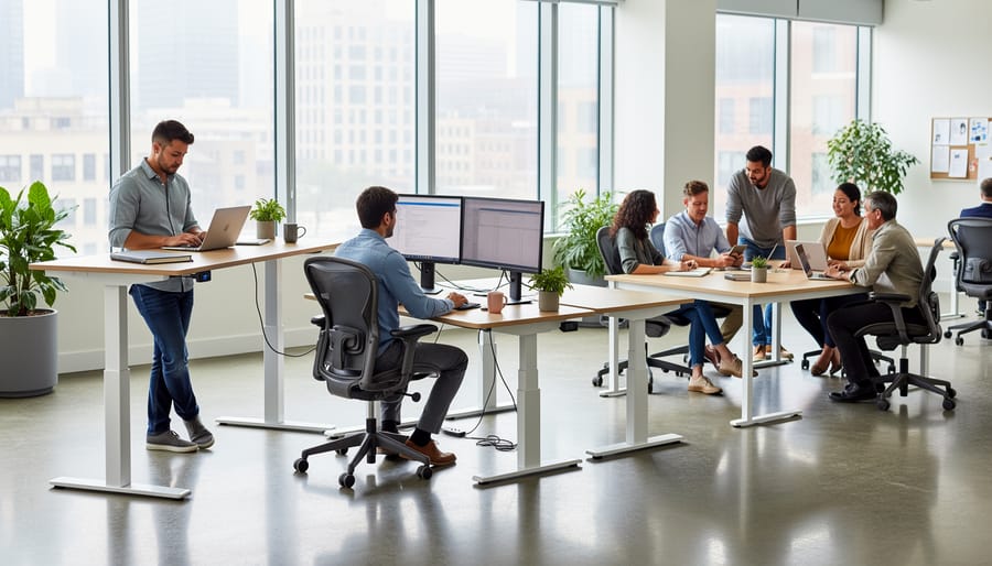 Close view of a sit-stand desk being adjusted with an ergonomic chair in a home office