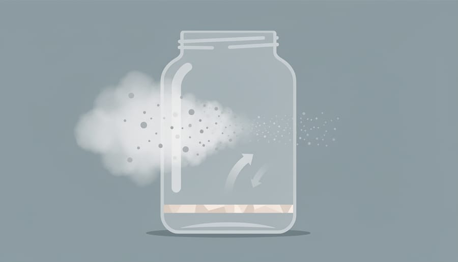 Conceptual image of clean mist-like particles in a glass jar near a natural mineral sample and plant.