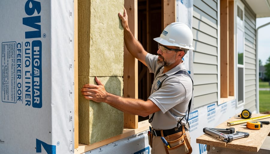 Contractor installing insulation material inside an exposed exterior wall cavity during building renovation.