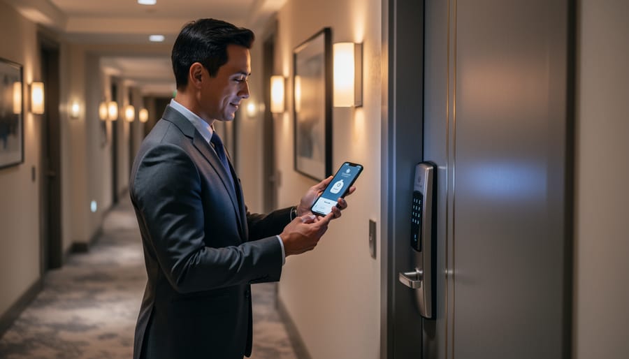 Guest holding a smartphone near a smart hotel door lock for mobile key access