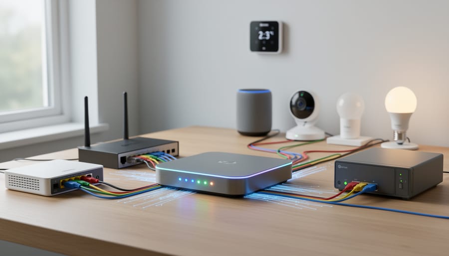 Home networking rack with router and smart home gateway showing indicator LEDs in a tidy setup.