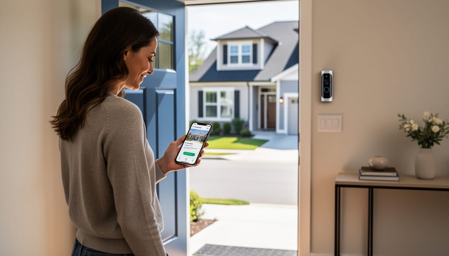 Homeowner holding a smartphone indoors while a smart video doorbell camera watches the front porch