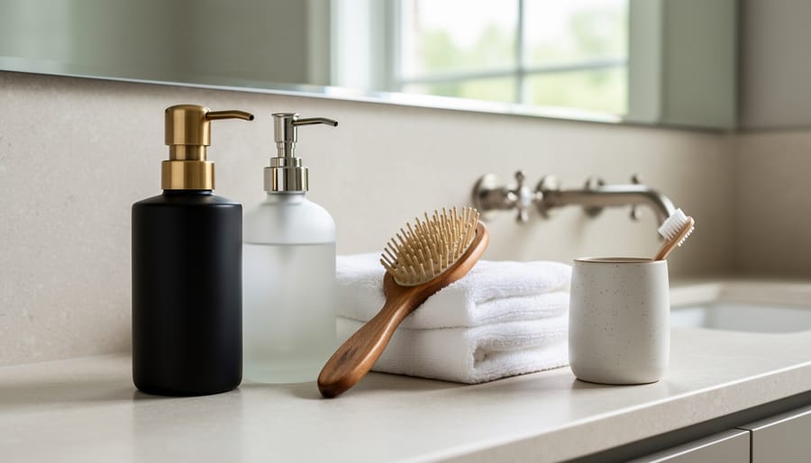 Luxury bathroom accessories including a brushed-nickel towel bar, robe hook, and soap dispenser on a marble vanity