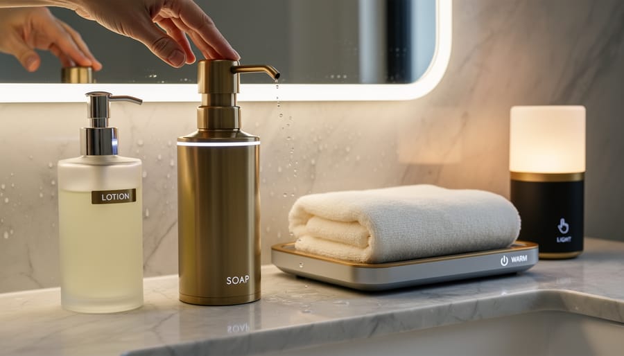 Modern bathroom vanity with LED mirror, heated towel bar, and touchless soap dispenser