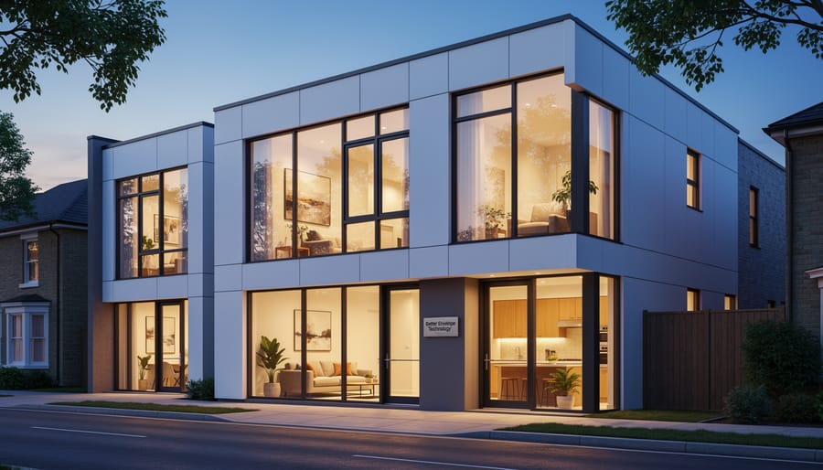Modern building facade at dusk showing clean exterior envelope details near windows.