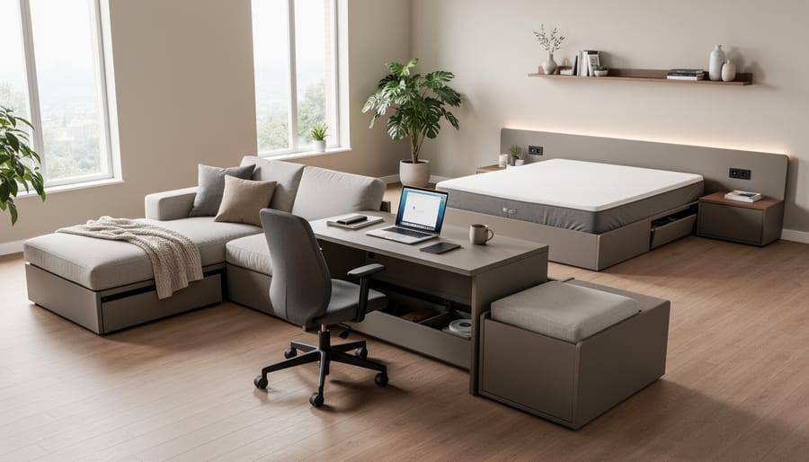 Modern studio room with a folded wall desk, compact sofa, and Murphy bed revealed in the background