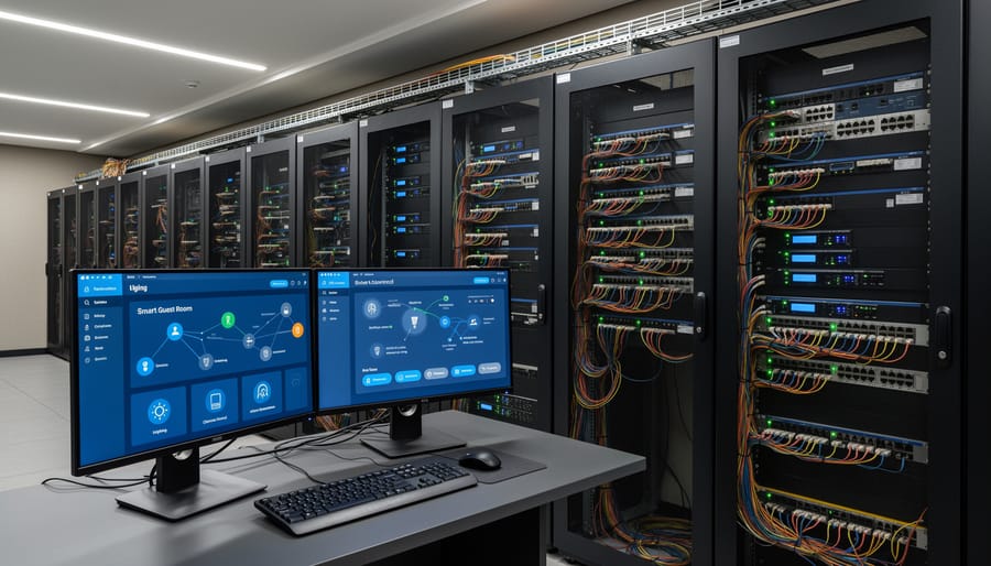 Organized server rack and network switch in a hotel IT closet representing smart room connectivity infrastructure