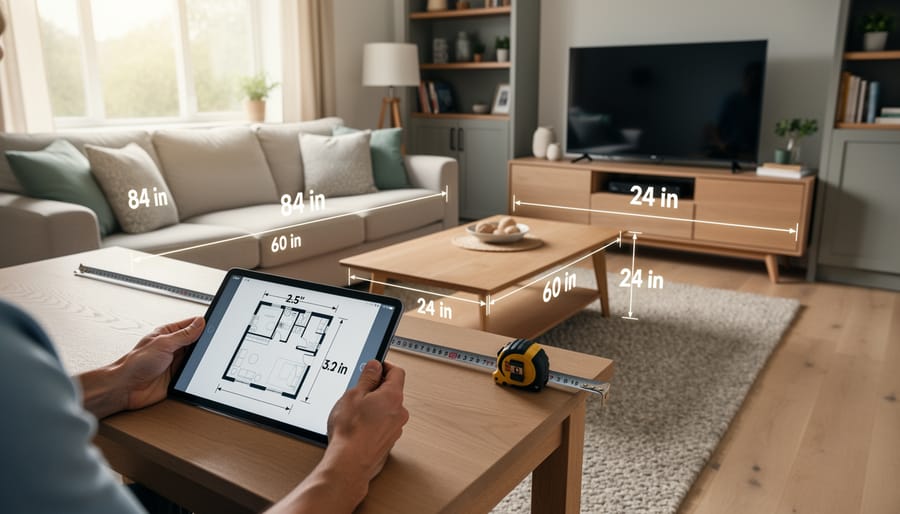 Person holding a handheld indoor air-quality monitor in a modern living room near the floor.
