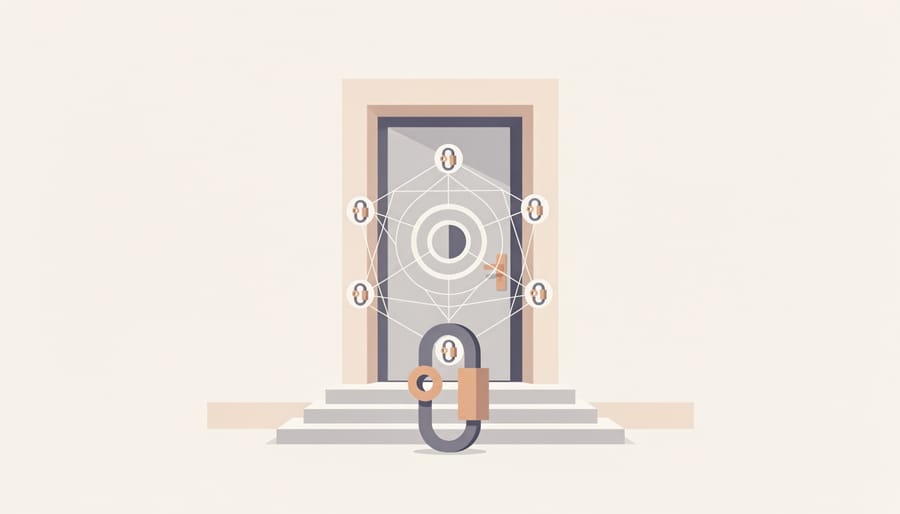 Smart home security components including a smart lock, central hub, and sensors arranged in an entryway