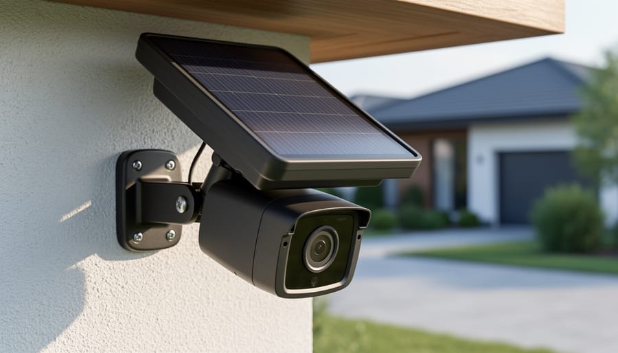 Solar-powered outdoor smart security camera mounted beneath a home eave