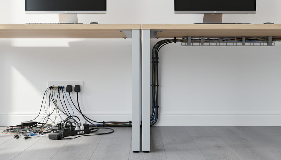 Behind a desk, cables are neatly bundled with sleeves and clips near power outlets.
