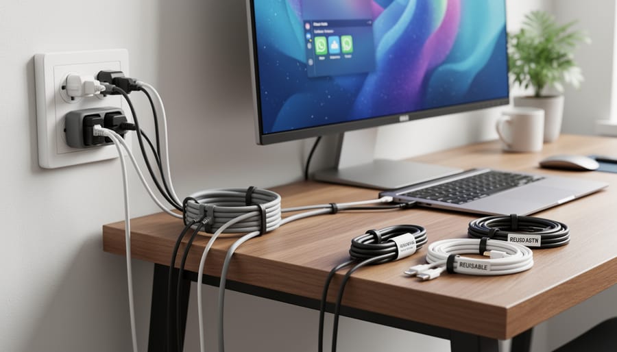 Cable management accessories laid out beside a power strip and neatly coiled cables on a desk.