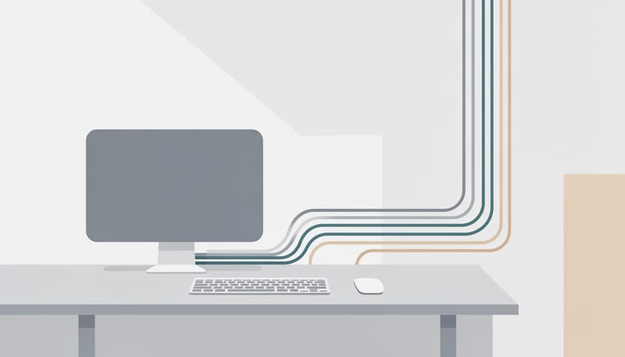 Clean, neatly routed cables behind a monitor, leading toward a power strip area in a home office.