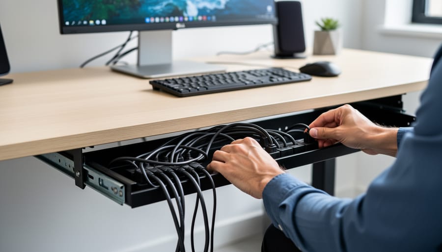 Hands routing cables into an under-desk cable tray for organized home office wire management.