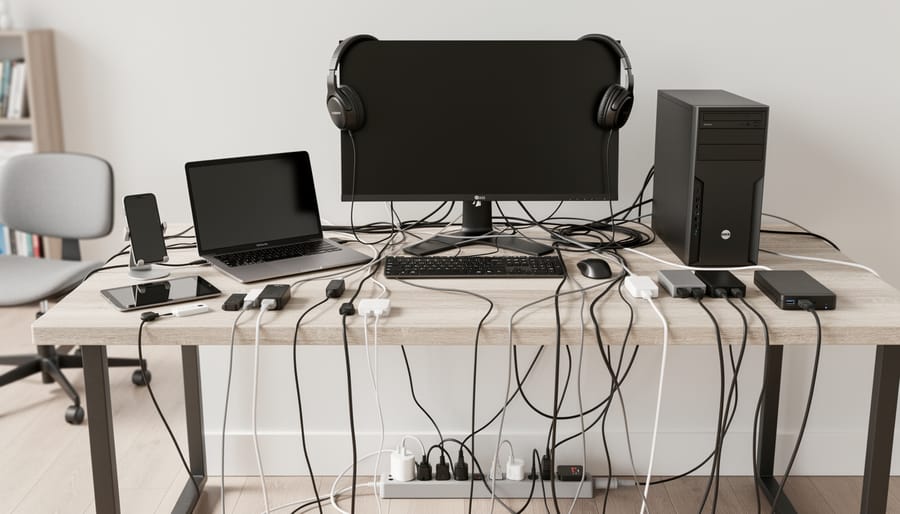 Home office desk cluttered with tangled cables around a laptop, monitor, and power strip.