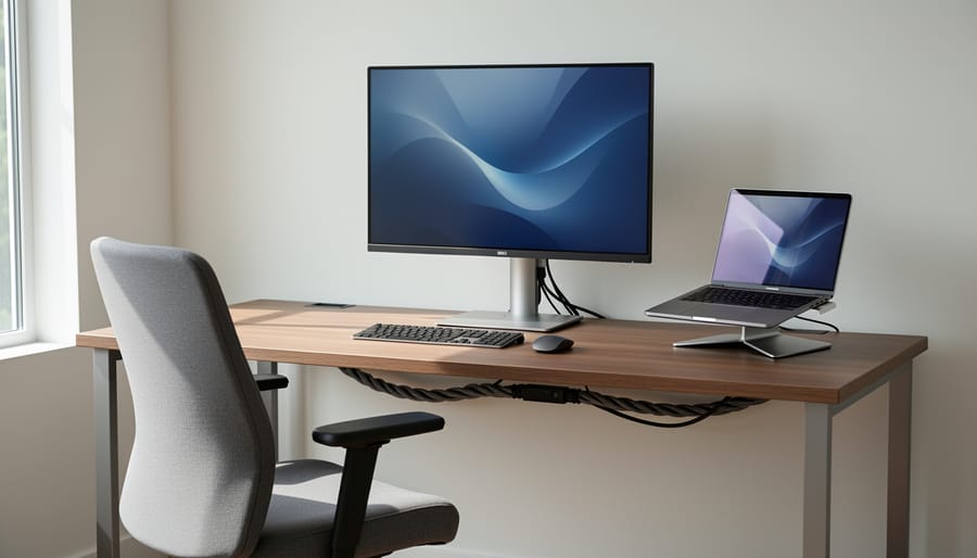Tidily organized home office desk with bundled cables routed behind the desk and a visible power strip.