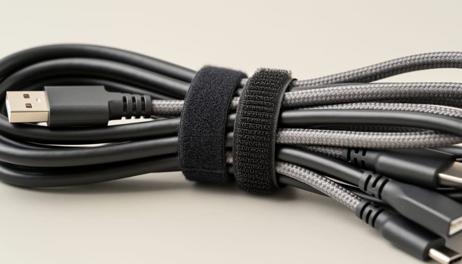 Hands securing mixed home office cables with reusable ties underneath a desk.