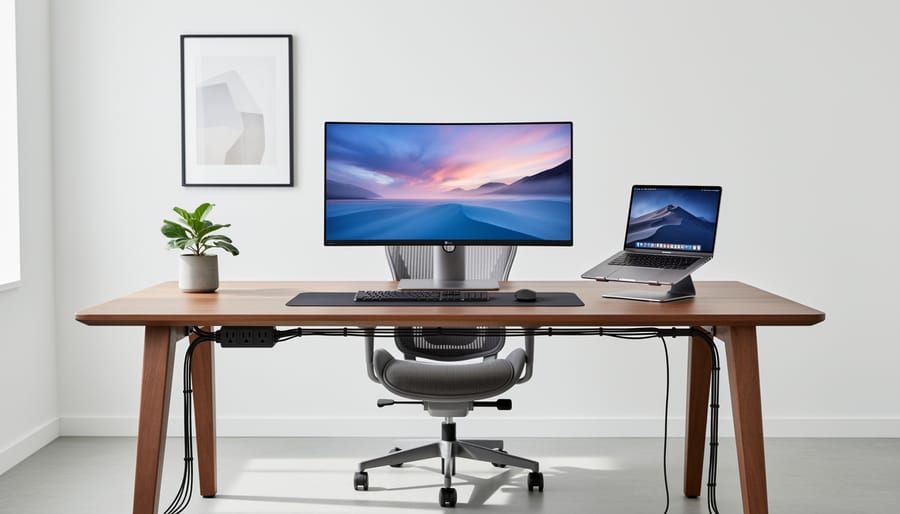 A tidy home office desk with neatly routed cables connected to a monitor, laptop, and charger.