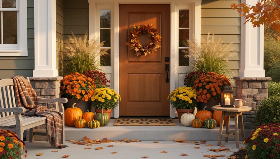 Autumn-themed door decor with a fall wreath, garland, and pumpkins on a home front entryway.