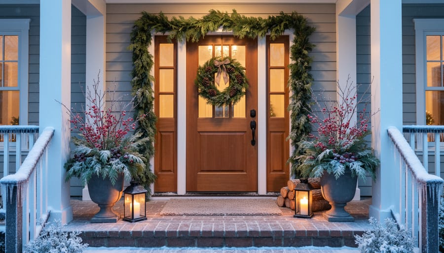 Winter holiday front door with a lit evergreen wreath, pine branches, and warm string lights near the doorway.