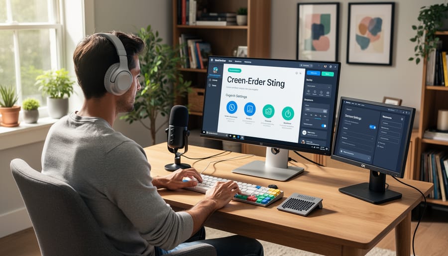 Person using headphones at a laptop in a home office, representing audio-based accessibility support.