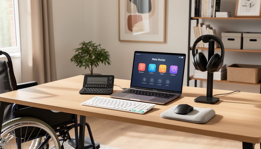 Person working in a home office with a laptop and accessibility-friendly setup visible on the desk.